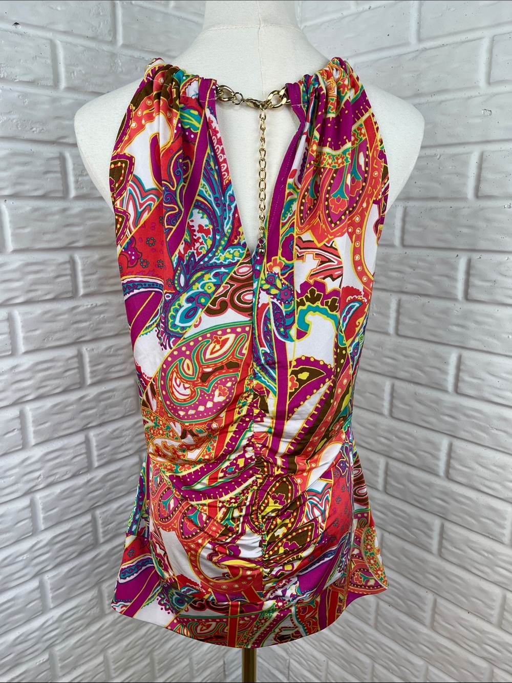 CACHÉ Y2K VINTAGE HALTER BLOUSE CHAIN COLLAR FAUX WRAP COLORFUL PAISLEY SZ LG - Picture 5 of 12